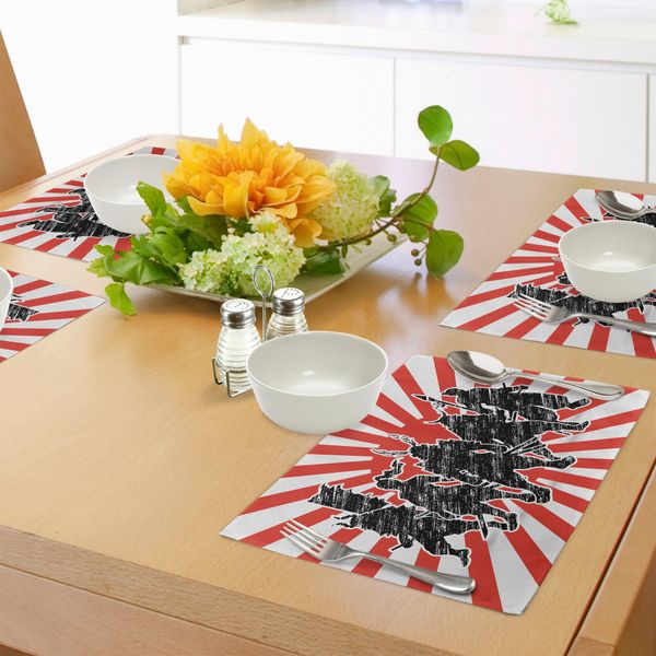 Tovagliette Giapponesi Abakuhaus, Gruppo Samurai Ninja, Su Uno Sfondo Retrò A Righe Insolito, Sottobicchieri In Tessuto Lavabile, Decorazione Da Tavola Con Stampa, Nero Rosso-image