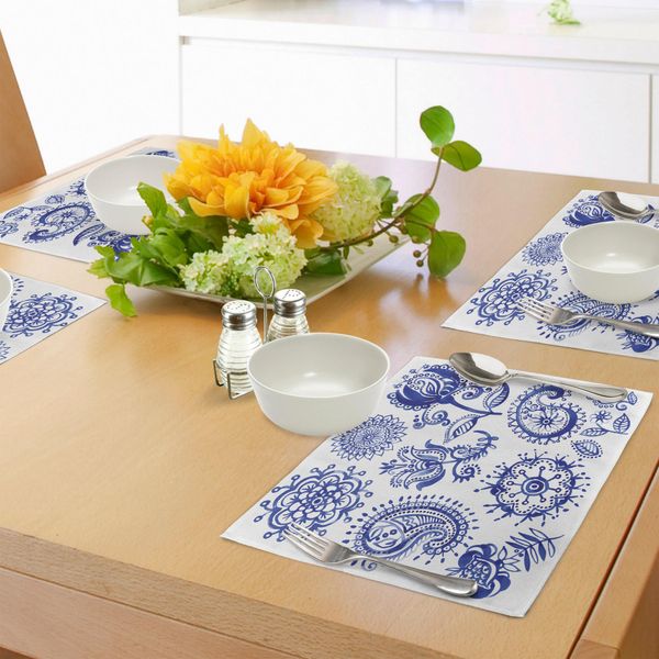 Abakuhaus Tovagliette Blu E Bianche, Motivi Artistici Vintage In Stile Acquerello, Paisley, Mandala Con Fiori, Tiscjdeco In Tessuto Resistente Al Lavaggio Per La Sala Da Pranzo E La Cucina, Blu Navy E Bianco-image