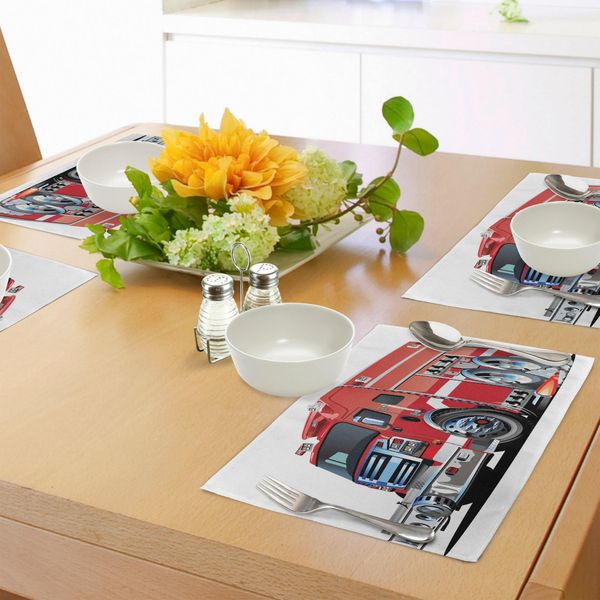 Tovagliette Abakuhaus, Grande Camion Dei Pompieri Con Attrezzature Di Emergenza, Team Di Soccorso Universale, Motore, Cartone Animato, Tiscjdeco In Tessuto Resistente Al Colore Per La Sala Da Pranzo E La Cucina, Rosso-image