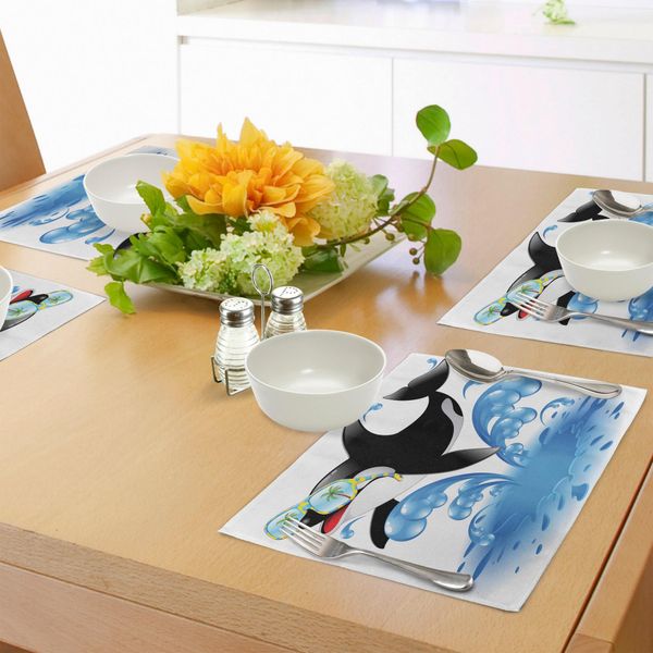 Abakuhaus Tovagliette Divertenti, Vacanze Estive, Oceano, Simpatico Orca Che Salta Con Occhiali Da Sole, Caricatura, Amore Per Gli Animali, Decorazione Da Tavola In Tessuto Resistente Ai Colori Per La Sala Da Pranzo E La Cucina, Nero Blu-image
