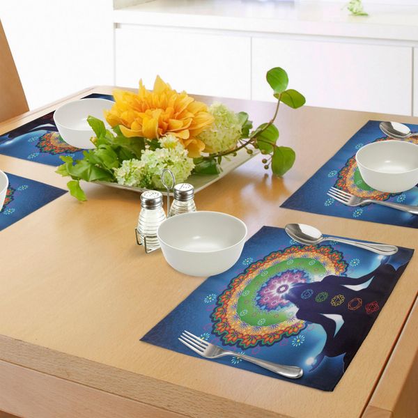 Tovagliette Abakuhaus Chakra, Silhouette Di Donna Che Fa Yoga Con Effetti Misti Verticali E Motivo Della Pace A Maglie, Decorazione Da Tavola In Tessuto Resistente Al Lavaggio Per La Sala Da Pranzo E La Cucina, Multicolore-image