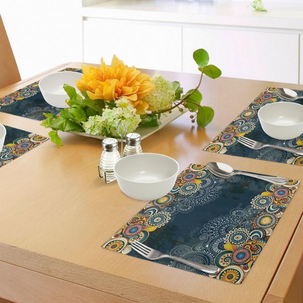 Abakuhaus Tovagliette Psichedeliche, Foglie Decorative Vintage Dal Design Bizzarro E Colorato, Stampa Mandala Pop Art Paisley, Tovagliette Decorative In Tessuto Resistente Ai Colori Per La Sala Da Pranzo E La Cucina, Giallo Blu-image