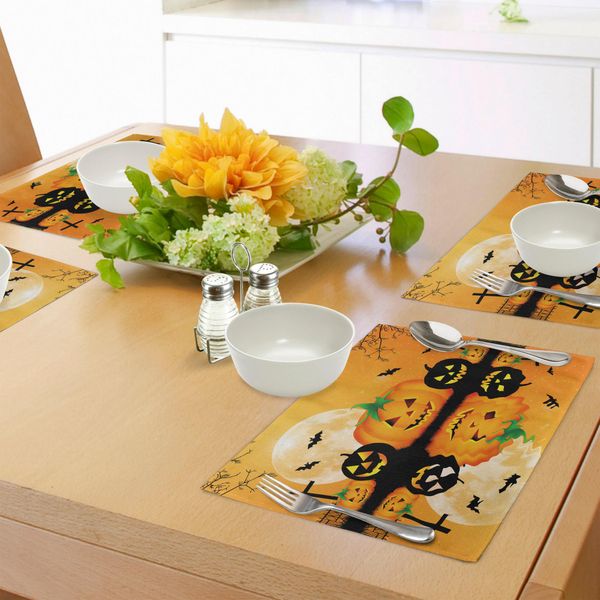 Tovagliette Abakuhaus Halloween, Zucca Intagliata Spettrale E Luna Piena Con Pipistrelli E Lago Grave, Decorazione Da Tavola In Tessuto Resistente Ai Colori Per La Sala Da Pranzo E La Cucina, Arancione E Nero-image