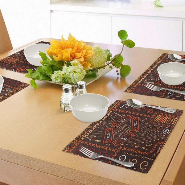 Abakuhaus Tovagliette Primitive, Motivi In Stile Aborigeno, Motivi Tribali, Collage Di Immagini Rupestri, Tiscjdeco In Tessuto Resistente Al Lavaggio Per La Sala Da Pranzo E La Cucina, Arancione E Nero-image