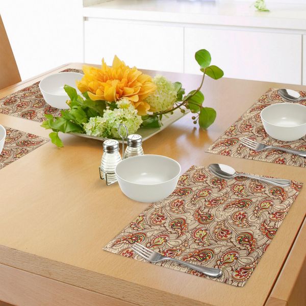 Abakuhaus Tovagliette, Foglie Con Motivo Paisley Etnico Folkloric Art Motivo Originale Ispirato Alla Cultura Tribale, Tiscjdeco In Tessuto Resistente Al Lavaggio Per La Sala Da Pranzo E La Cucina, Beige Rosso-image