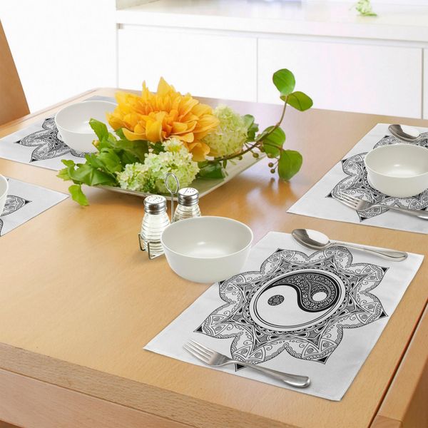Tovagliette Abakuhaus Ying Yang, Simboli Asiatici Yin Yang Per Il Movimento E L'armonia - Motivo Mandala Macrocosmo, Decorazione Da Tavola In Tessuto Resistente Al Lavaggio Per La Sala Da Pranzo E La Cucina, Bianco E Nero-image
