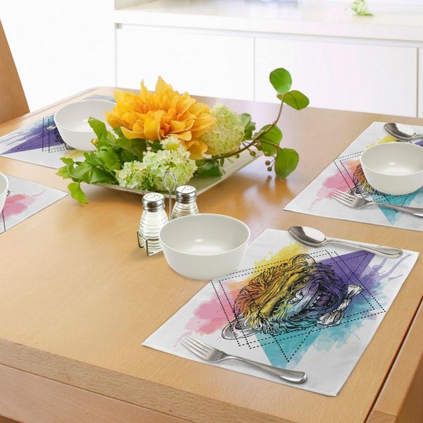 Abakuhaus Tovagliette Abbozzate, Simpatico Animale Scimmia Con Papillon Su Sfondo Artistico Geometrico Acquerellato, Tessuto Lavabile E Resistente Al Lavaggio Per Sala Da Pranzo E Cucina, Multicolore-image