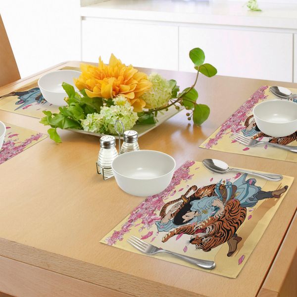 Tovagliette Giapponesi Abakuhaus, Samurai Coraggioso E Tiger Clash Si Trasformano In Fiori Di Ciliegio Sakura Con Stampa Cartoon, Decorazioni Da Tavola In Tessuto Resistente Al Lavaggio Per La Sala Da Pranzo E La Cucina, Multicolore-image