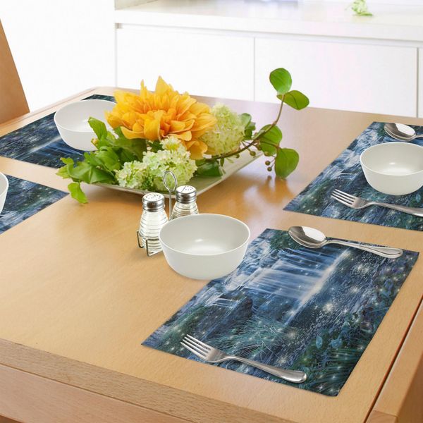 Abakuhaus Tovagliette Magiche, Fata E Fantastica Cascata Notturna Sull'acqua Fresh Landscape Image Print, Tiscjdeco In Tessuto Resistente Ai Colori Per La Sala Da Pranzo E La Cucina, Verde Grigio-image
