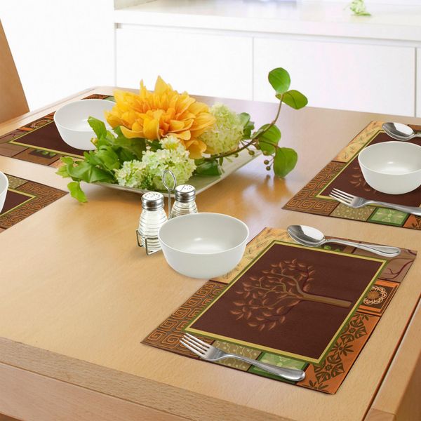 Abakuhaus Tovagliette Primitive, Disegno Di Alberi Su Motivi Tribali Etnici Decorazioni Floreali Con Foglie Motivi Folk Nativi, Tiscjdeco In Tessuto Resistente Al Lavaggio Per La Sala Da Pranzo E La Cucina, Marrone Verde-image
