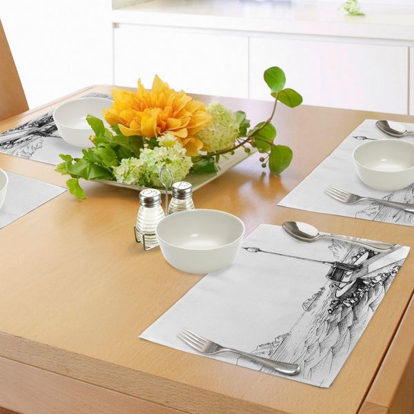 Abakuhaus Tovagliette, Panca E Lanterna Abbozzate Al Centro Di Onde Oceaniche, Rocce Montuose E Monocromia Artistica, Tiscjdeco In Tessuto Resistente Al Colore Per La Sala Da Pranzo E La Cucina, Bianco Nero-image