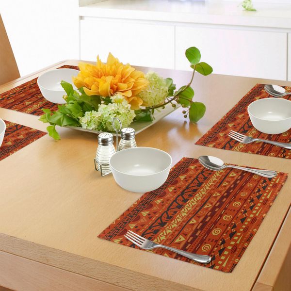 Tovagliette Tribali Abakuhaus, Motivi Folcloristici Africani Antichi, Illustrazioni Decorate Con Motivi Geometrici Tribali, Tiscjdeco In Tessuto Resistente Al Lavaggio Per La Sala Da Pranzo E La Cucina, Arancione Giallo-image