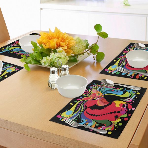 Abakuhaus Tovagliette Psichedeliche, Stampa Futuristica Con Gattini, Motivi Fluidi E Colorati, Grafica Con Gattini, Tovaglietta Decorativa In Tessuto Resistente Ai Colori Per La Sala Da Pranzo E La Cucina, Multicolore-image