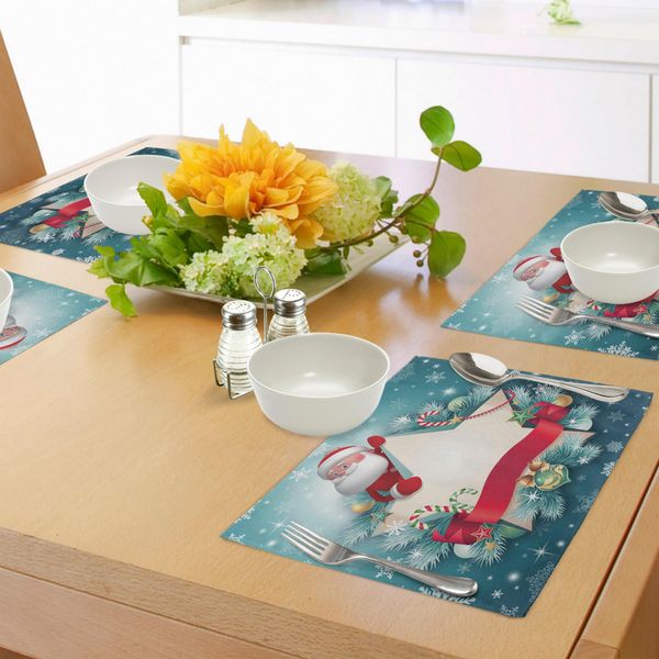 Tovagliette Natalizie Abakuhaus, Con Tema Babbo Natale, Stelle, Bandiere, Fiocchi Di Neve, Nastri E Bastoncini Di Zucchero, Albero, Inverno, Stagione, Tiscjdeco In Tessuto Resistente Al Lavaggio Per Sala Da Pranzo E Cucina, Bianco E Rosso.-image