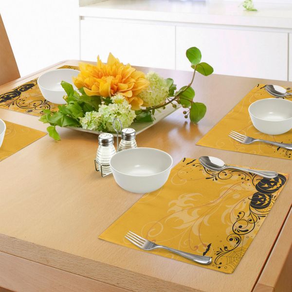 Tovagliette Abakuhaus Halloween, Zucche Intagliate Con Motivi Floreali, Pipistrelli E Disegni Horror Jack O Lantern, Decorazioni Da Tavola In Tessuto Resistente Al Lavaggio Per La Sala Da Pranzo E La Cucina, Arancione E Nero.-image