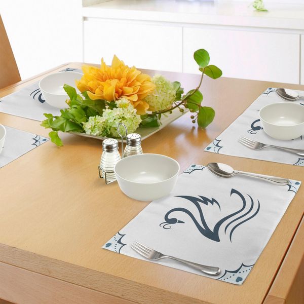 Tovagliette Abakuhaus Con Cigno, Illustrazione Stilizzata Digitale Monocromatica Con Curve E Fauna A Forma Di Cuore, Tiscjdeco In Tessuto Resistente Al Lavaggio Per La Sala Da Pranzo E La Cucina, Bianco Verde Acqua-image