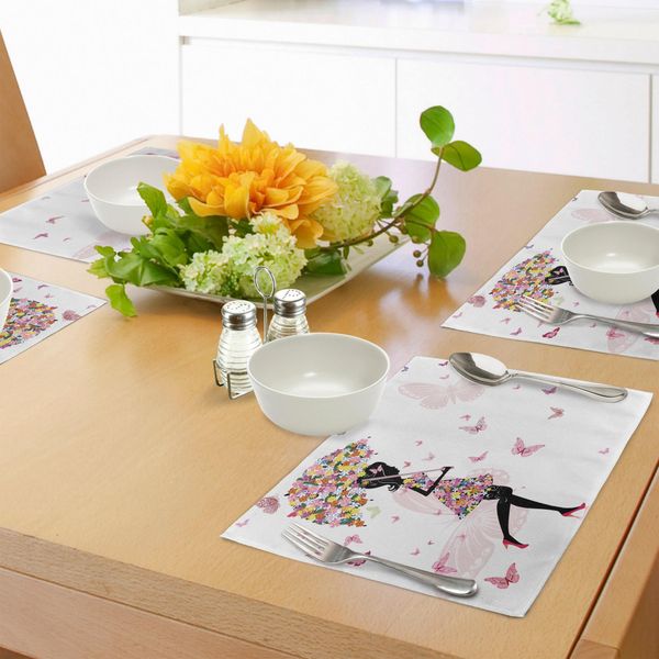 Tovagliette Abakuhaus Per Bambine, Bambine Con Ombrello Floreale E Vestito Con Farfalle, Stampa Artistica Ispiratrice, Decorazione Da Tavola In Tessuto Resistente Al Lavaggio Per La Sala Da Pranzo E La Cucina, Nero Rosa-image