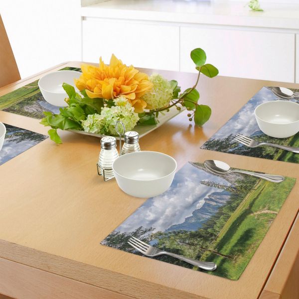 Tovagliette Abakuhaus Yosemite, Yosemite Valley Meadows Con Alberi Fluffy Clouds Cliff Attrazione Turistica Immagine, Tiscjdeco In Tessuto Resistente Al Colore Per La Sala Da Pranzo E La Cucina, Verde Grigio-image