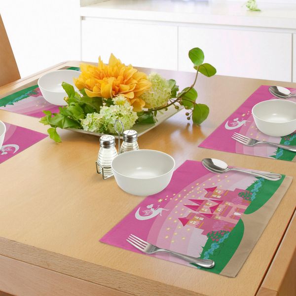 Tovagliette Per Bambine Abakuhaus, Castello Magico Da Favola Con Principessa E Elfo Nel Cielo - Regno Dei Sogni Immaginario, Decorazione Da Tavola In Tessuto Resistente Ai Colori Per La Sala Da Pranzo E La Cucina, Verde Rosa-image