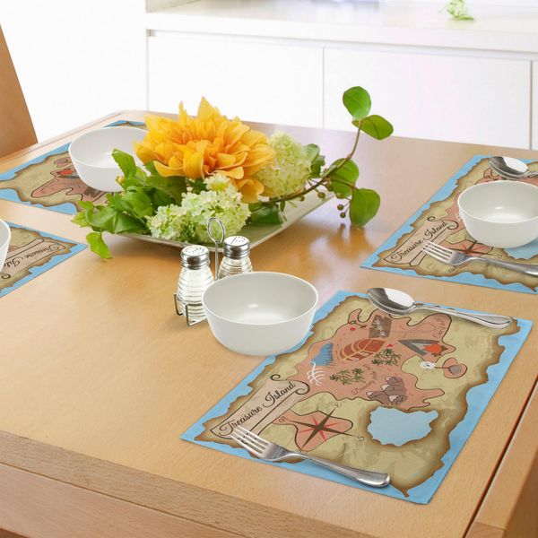 Tovagliette Abakuhaus Con Mappa Dell'isola, Vecchia Mappa Del Tesoro Della Spiaggia Tropicale Con Tema Mistico Del Mondo Delle Chiavi E Delle Casse, Decorazioni Da Tavola In Tessuto Resistente Al Lavaggio Per La Sala Da Pranzo E La Cucina, Color Crema, Rosa E Blu.-image