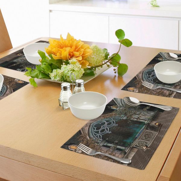 Tovagliette Gotiche Abakuhaus, Terrazza Mistica Con Edera Incantata Sull'antico Accesso Alla Foresta Magica, Tiscjdeco In Tessuto Resistente Al Colore Per La Sala Da Pranzo E La Cucina, Grigio Verde Acqua-image