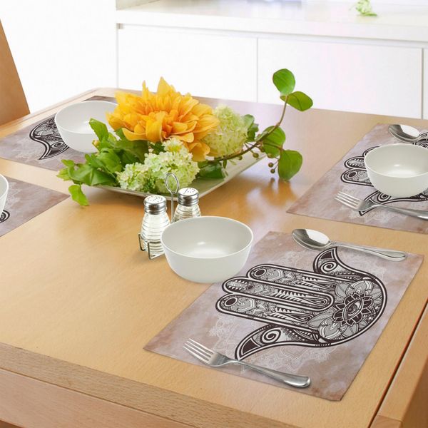 Tovagliette Abakuhaus Hamsa, Mano Di Fatima In Stile Grunge Mandala Con Occhio Malvagio Arte Religiosa Mistica Orientale, Tiscjdeco In Tessuto Resistente Al Lavaggio Per Sala Da Pranzo E Cucina, Marrone E Crema-image