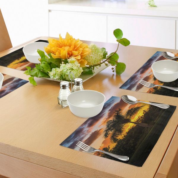 Tovagliette Abakuhaus Con Motivo Palma, Silhouette Di Palme Al Tramonto Twilight Tranquility In Un Quadro Naturale, Tiscjdeco In Tessuto Resistente Al Lavaggio Per Sala Da Pranzo E Cucina, Arancione Verde-image