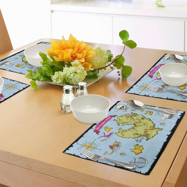 Tovagliette Abakuhaus Con Motivo Dell'isola, Tema Pirata Con Isola Del Tesoro, Teschi, Mare E Pesci Immaginari, Decorazioni Da Tavola In Tessuto Resistente Ai Colori Per La Sala Da Pranzo E La Cucina, Multicolore-image