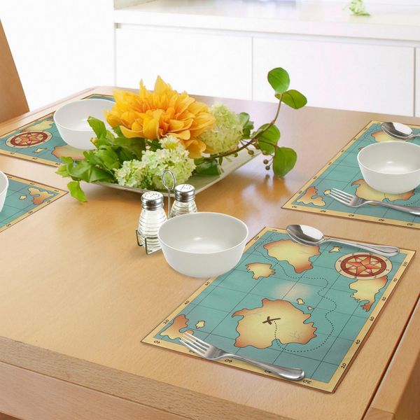 Tovagliette Abakuhaus Con Mappa Dell'isola, Design Vintage Con Mappa Del Mondo E Bussola, Avventura Di Navigazione, Terra Nascosta, Decorazione Da Tavola In Tessuto Resistente Ai Colori Per La Sala Da Pranzo E La Cucina, Blu Crema-image