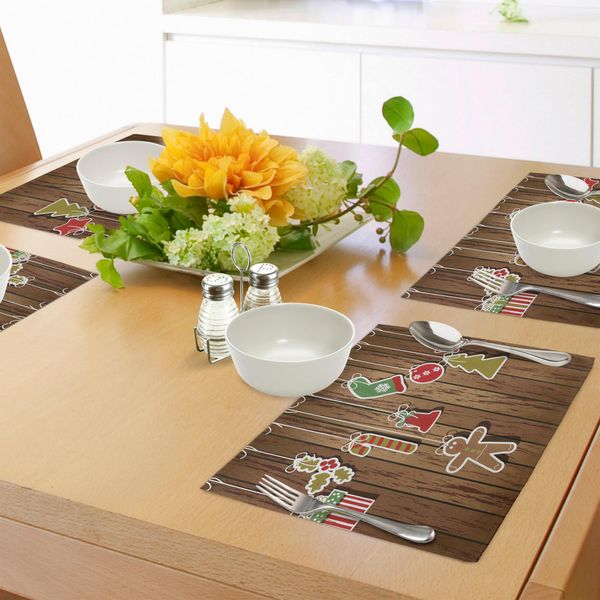 Abakuhaus Tovagliette Natalizie, Motivi Natalizi Su Sfondo Di Tavola Di Legno, Design Holly Jolly Happy, Decorazioni Da Tavola In Tessuto Resistente Al Lavaggio Per Sala Da Pranzo E Cucina, Marrone Rosso-image