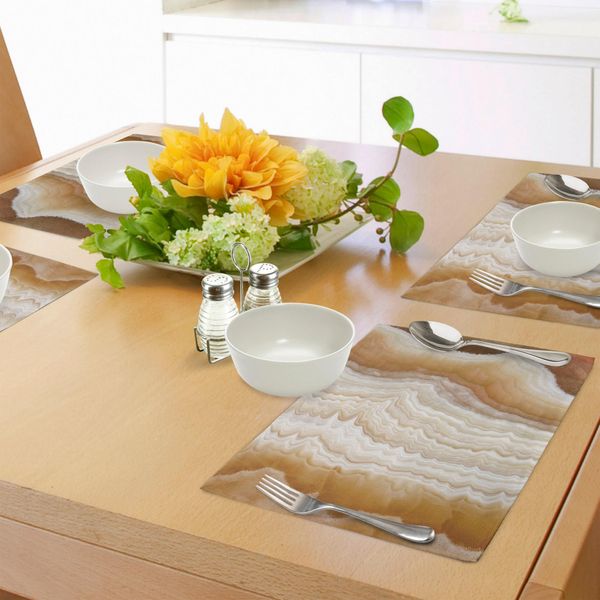 Tovagliette In Marmo Abakuhaus, Strano Motivo Ondulato In Marmo Con Nuove Linee E Forme, Stampa Digitale Naturale Realizzata Al Computer, Tiscjdeco In Tessuto Resistente Al Colore Per La Sala Da Pranzo E La Cucina, Color Crema.-image
