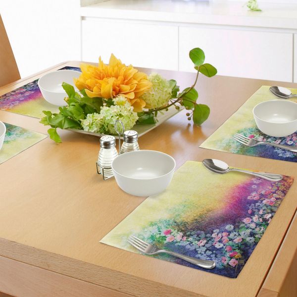 Tovagliette Abakuhaus Con Motivi Floreali, Edera, Fiori Primaverili, Natura, Paradiso Tranquillo, Stampa Delicata, Decorazioni Da Tavola In Tessuto Resistente Al Lavaggio Per Sala Da Pranzo E Cucina, Multicolore Viola Giallo-image
