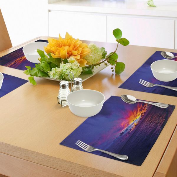 Tovagliette Abakuhaus Ocean, Tramonto Da Sogno Sull'oceano Aurora Boreale Oltre Il Pacifico Atmosfera Foto, Tiscjdeco In Tessuto Resistente Al Colore Per La Sala Da Pranzo E La Cucina, Viola Blu-image