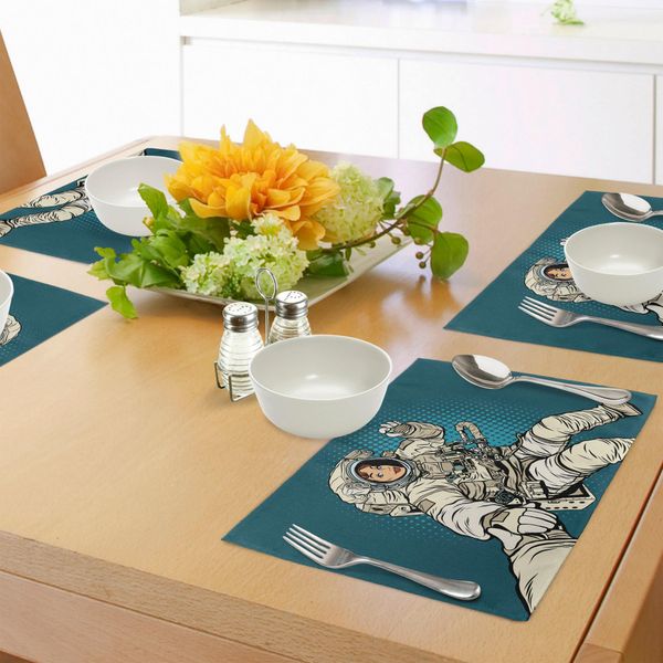 Tovagliette Abakuhaus Space, Mani Di Astronauta Donna Con La Loro Grafica Stilizzata In Stile Pop Art, Tiscjdeco In Tessuto Resistente Al Colore Per La Sala Da Pranzo E La Cucina, Beige Blu-image