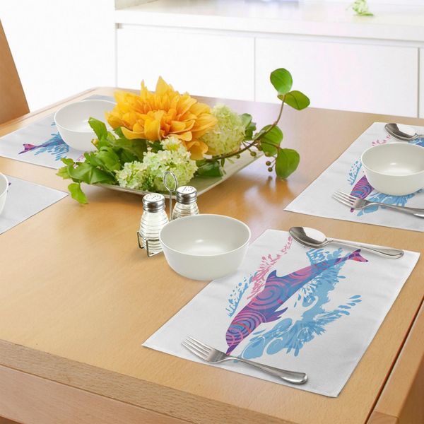 Abakuhaus Tovagliette Con Motivi Marini, Figura Di Delfino Con Motivi Colorati Illustrazione Della Vita Sottomarina, Decorazione Da Tavola In Tessuto Resistente Al Lavaggio Per La Sala Da Pranzo E La Cucina, Viola Rosa Blu-image