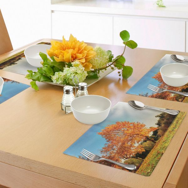 Tovagliette Abakuhaus Autunnali, Motivo Autunnale Con Foglie Cadenti Sbiadite Nel Parco - Fogliame - Natura - Stagione, Decorazione Da Tavola In Tessuto Resistente Al Lavaggio Per La Sala Da Pranzo E La Cucina, Arancione Blu-image