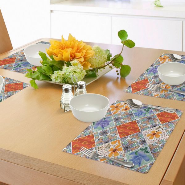 Abakuhaus Tovagliette Rustiche, Patchwork Con Cuori E Motivi Floreali Vorticosi Con Dettagli Folcloristici Femminili, Tiscjdeco In Tessuto Resistente Al Lavaggio Per La Sala Da Pranzo E La Cucina, Multicolore-image