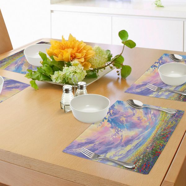 Abakuhaus Tovagliette Pastoral, Pastoral Valley Sotto Un Cielo Surreale E Sognante, Motivo Floreale Fresco E Rigoglioso, Tiscjdeco In Tessuto Resistente Al Lavaggio Per La Sala Da Pranzo E La Cucina, Multicolore-image