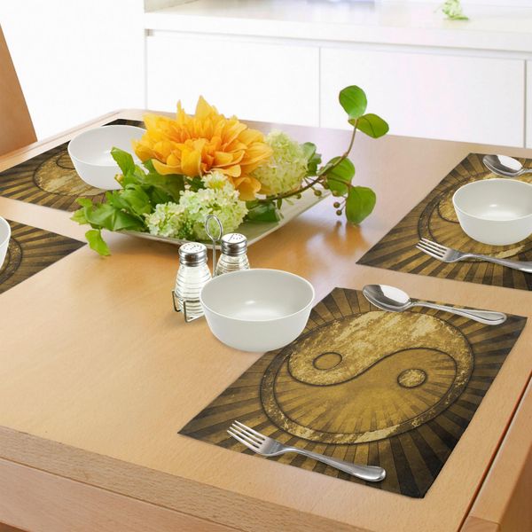 Tovagliette Abakuhaus Ying Yang, Yingyang Industriale Dell'asia Orientale Su Motivo Tecnologico Sunburst, Tiscjdeco In Tessuto Resistente Al Colore Per La Sala Da Pranzo E La Cucina, Marrone Chiaro-image