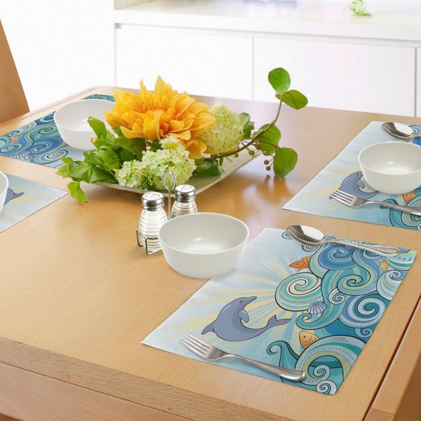 Abakuhaus Tovagliette Con Motivi Marini, Delfini, Pesci E Stelle Marine In Stile Cartone Animato, Stampa Estiva Con Motivi Marini, Decorazioni Da Tavola In Tessuto Resistente Al Lavaggio Per Sala Da Pranzo E Cucina, Multicolore-image
