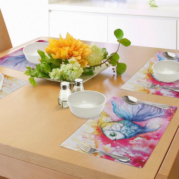 Tovagliette Abakuhaus Con Motivi Di Pesci, Colori Acquerellati Con Pennellate Nitide E Spruzzi D'acqua, Decorazioni Da Tavola In Tessuto Resistente Ai Colori Per La Sala Da Pranzo E La Cucina, Multicolore-image