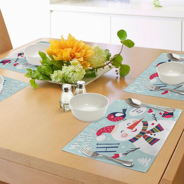 Tovagliette Natalizie Abakuhaus, Simpatica Illustrazione Natalizia Con Un Uccellino E Un Pupazzo Di Neve Che Festeggiano L'inverno, Decorazione Da Tavola In Tessuto Resistente Ai Colori Per La Sala Da Pranzo E La Cucina, Bianco E Blu.-image