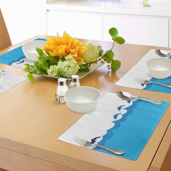 Abakuhaus Tovagliette Con Motivi Marini, Piombo E Tre Delfini Ombra Sulle Onde Immagine A Tema Marittimo Oceanlife, Tiscjdeco In Tessuto Resistente Al Lavaggio Per Sala Da Pranzo E Cucina, Blu Turchese-image