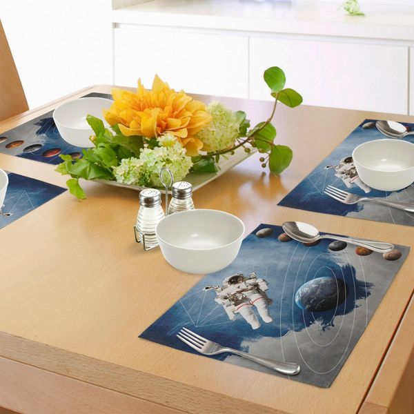 Tovagliette Abakuhaus Space, Cerchi Planetari Con Figure Geometriche Neptune Astral Rocket Vintage Print, Tiscjdeco In Tessuto Resistente Al Lavaggio Per La Sala Da Pranzo E La Cucina, Multicolore-image
