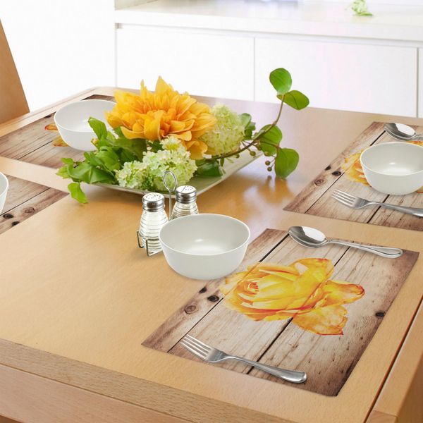 Abakuhaus Tovagliette Rustiche, Rosa Con Petali Di Fiori - Composizione Artistica Romantica E Raffinata - Immagine Con Foglie, Tiscjdeco In Tessuto Resistente Al Lavaggio Per Sala Da Pranzo E Cucina, Giallo Arancio-image