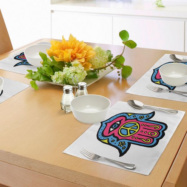 Tovagliette Abakuhaus Hamsa, Hippie Boho Mano Di Fatima Con Simbolo Della Pace Nel Palmo Della Mano Arte Etnica Asiatica, Tiscjdeco In Tessuto Resistente Al Lavaggio Per La Sala Da Pranzo E La Cucina, Giallo Rosa Blu-image