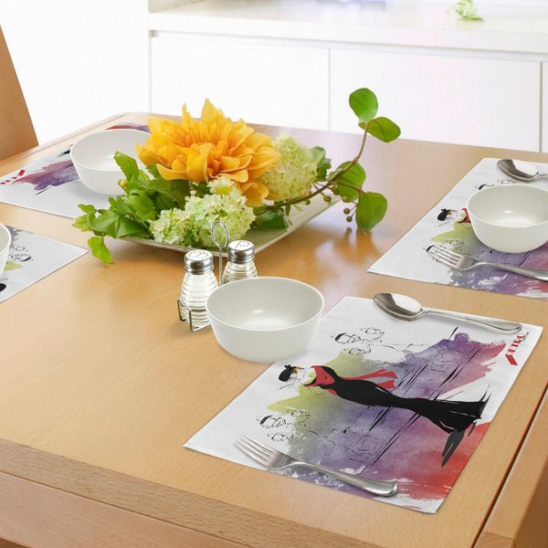 Tovagliette Abakuhaus Per Bambine, Bambine Con Sciarpa Rossa Sulla Strada Con Lanterne Anni Sessanta, Sogno Retrò, Tiscjdeco In Tessuto Resistente Ai Colori Per La Sala Da Pranzo E La Cucina, Multicolore-image