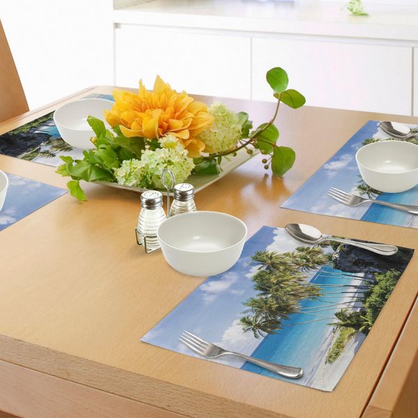 Tovagliette Da Viaggio Abakuhaus, Isola Caraibica Con Palme E Oceano, Stampa Esotica, Tiscjdeco In Tessuto Resistente Al Lavaggio Per Sala Da Pranzo E Cucina, Crema E Blu-image