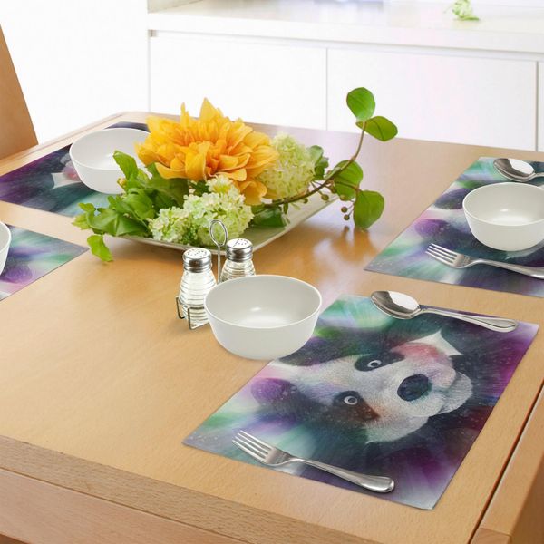 Abakuhaus Tovagliette Psichedeliche, Personaggio Panda Nel Mondo Onirico Dell'allucinazione Magica Junkie Animal Artwork, Tiscjdeco In Tessuto Resistente Al Lavaggio Per La Sala Da Pranzo E La Cucina, Bianco Grigio-image