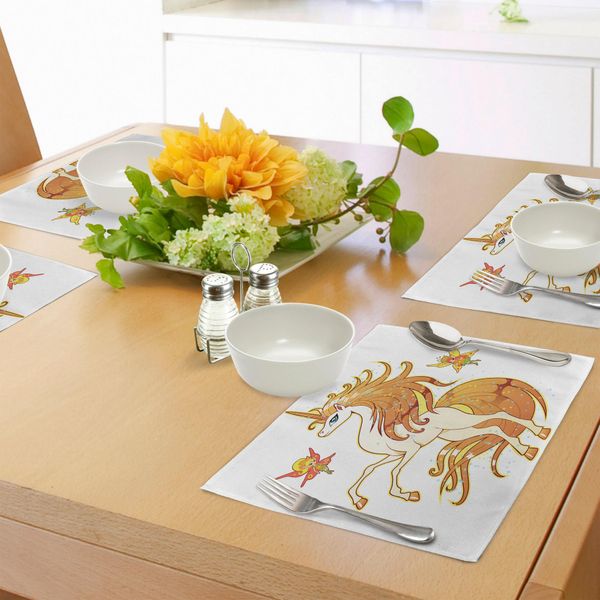 Abakuhaus Tovagliette Unicorno, Esquise Vivid Hair Cute Unicorn Con Fate Immaginate Creatura Leggendaria Stampa Artistica, Tiscjdeco In Tessuto Resistente Al Colore Per La Sala Da Pranzo E La Cucina, Multicolore-image